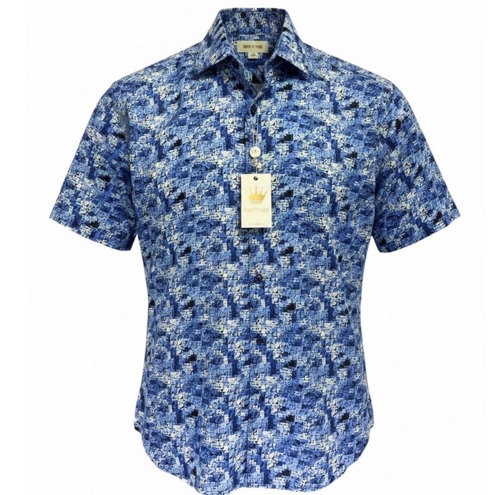 Bertigo Mens Large  Blue Geometric Mosaic S/S Button Down Cotton Shirt (K25) NWT